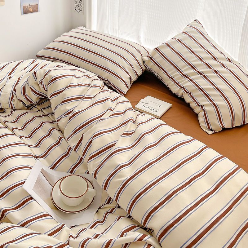 JazzHer Simple Red and Blue Striped Duvet Cover and Four Piece Bed Sheet Set with Washed Cotton Bedding on the Bed