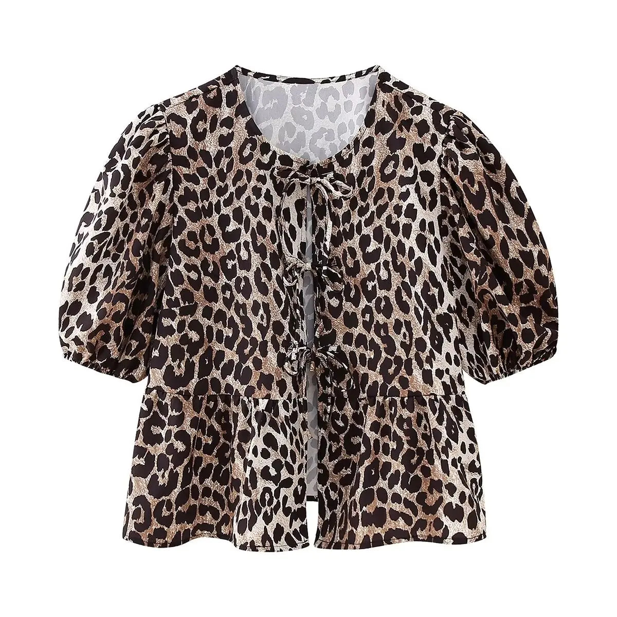 JazzHer Leopard Shirt Summer Crop Top Puff Sleeve Blouse With Lace-up Closing New Women's Clothing