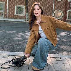 cold weather outfits JazzHer Coffeechamois Leather Chic Jacket 2024 Autumn New Simple Style Blogger Ins Sense Fresh Top Loose Fit Short Outerwear