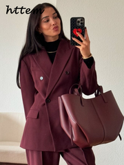 JazzHer Elegant Women's Burgundy Suit Jacket Vintage Lapel Double Breasted Pocket Full Sleeve Blazer 2024 Autumn Lady Office Outwear New