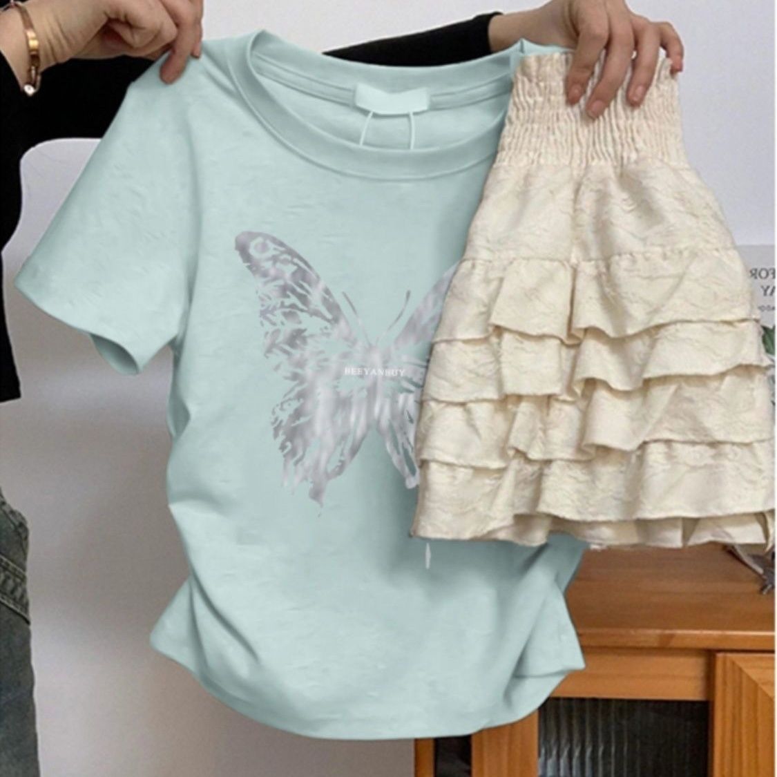 JazzHer Crop Top Summer Y2k Cute Women T shirt 2000s Cute Mint Green Butterfly Print Sweet Girl Tees Shirt Femme Clothing Graphic Tshirt