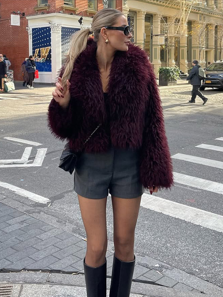 JazzHer Women's Fashion Burgundy Fluffy Furry Warm Cropped Coat Elegant Faux Fur Lapel Thicken Warm Jacket 2024 New Lady Chic Streetwear