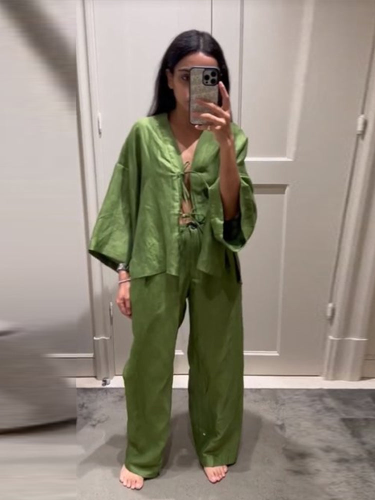 JazzHer Casual Loose 2 Pieces Sets Women 2024 Summer V-neck Lace Up Long Sleeve Blouses Wide Leg Trousers Vintage Green Lady Pants Suit