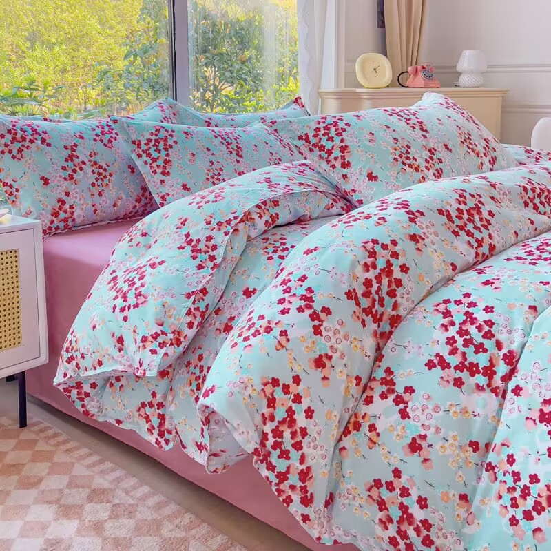 JazzHer Korean Pink Rose Duvet Cover Set Soft Green Flat Sheet Quilt Cover Pillowcase Bed Linen Twin Queen Full Size Floral Bedding Set