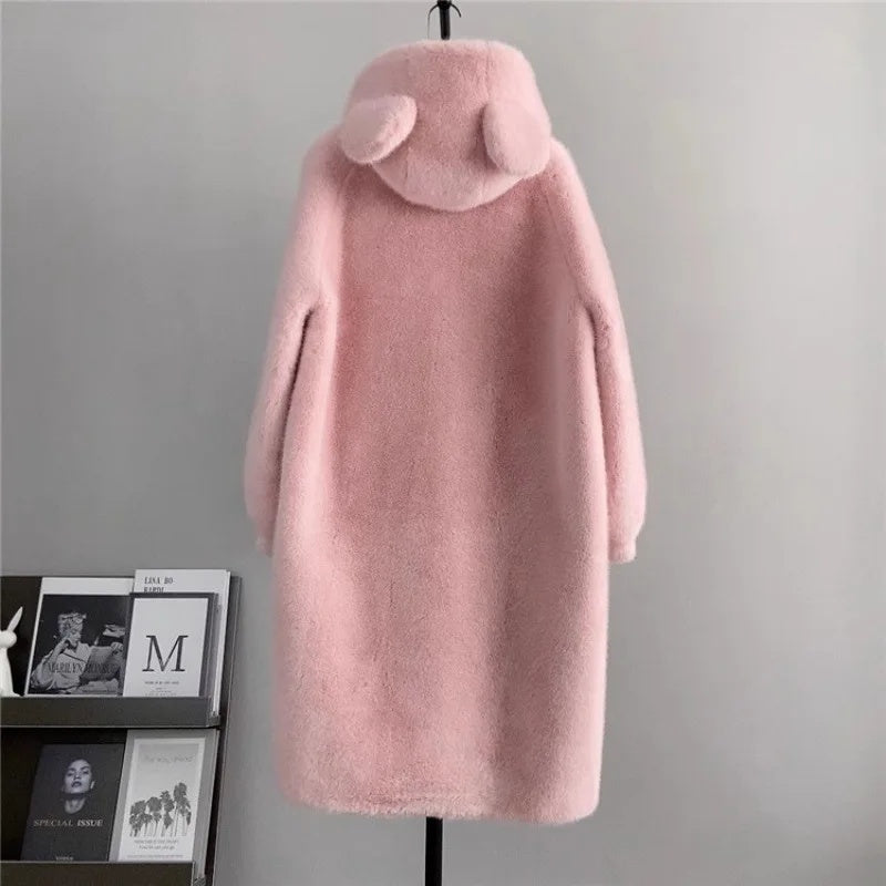 cold weather outfits JazzHer Autumn/Winter New Arrival Haining Leather Long Jacket Environmentally Friendly Mink Overcoat Women's Clothing Hooded Cute Earfla