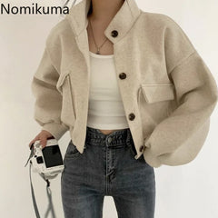 JazzHer Streetwear Jackets Women's Clothing Stand Neck Casual Woolen Outwear Thicked Crop Tops Fashion Korean Y2k Coat 2025 Ropa Mujer