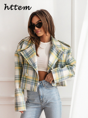 JazzHer Vintage Plaid Short Coats Women Loose Lapel Single Breasted Long Sleeve Female Jackets 2024 Autumn Lady Fashion Commute Outwear