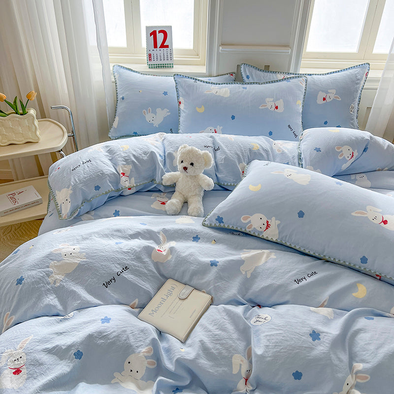 JazzHer Kawaii Rabbit Bedding Set Bed Flat Sheet Pillowcase Twin Full Queen Cartoon Bed Linen Kids Girls Duvet Cover Set No Filler