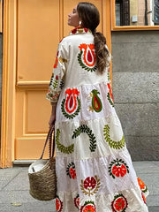 JazzHer Loose Print Ruffles Long Dress Women Fashion Lapel Single Breasted Long Sleeve Female Dresses 2024 Summer Lady Holiday Robes New