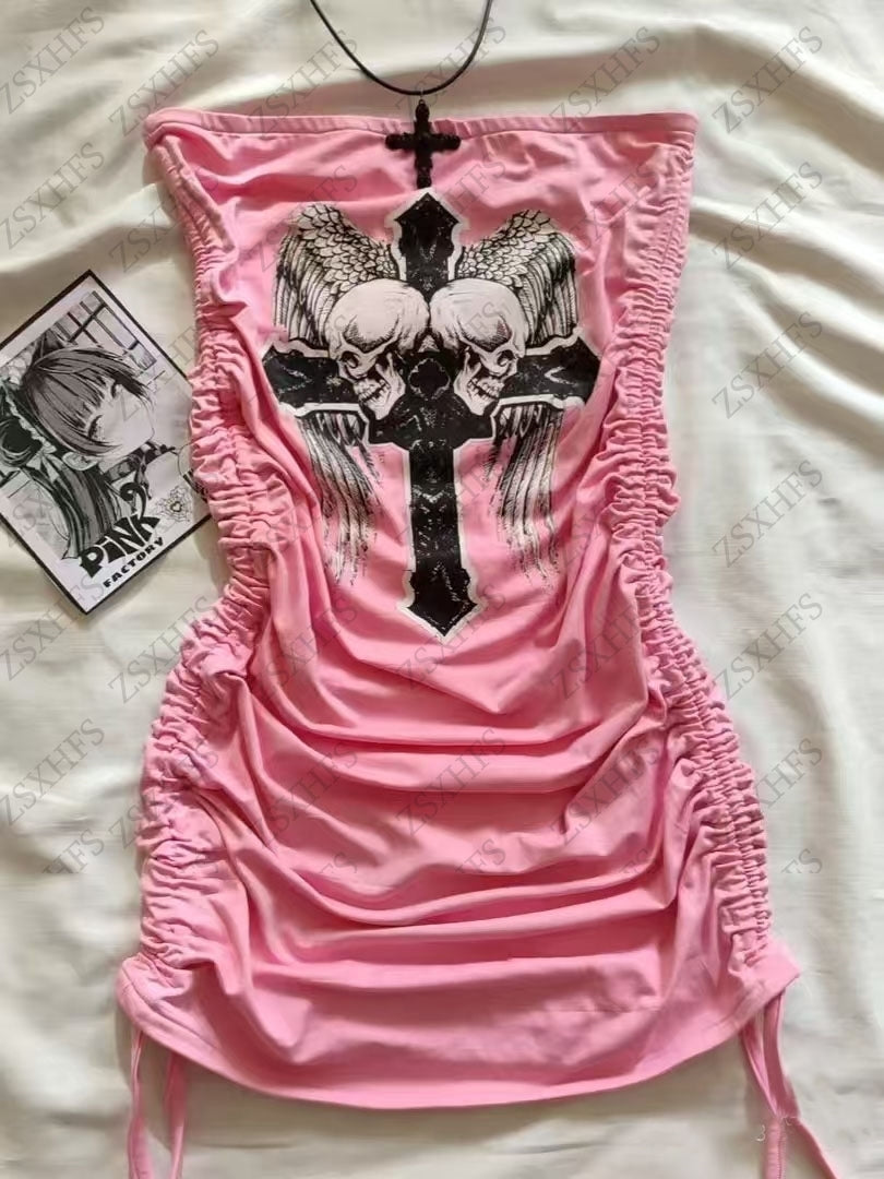 JazzHer Punk Y2k T shirts Women Clothing Gothic Skulls Slim Shirr Pink Sleeveless Emo Girl Graphic Tees Shirt Grunge Aesthetic Crop Tops
