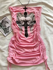 JazzHer Pink Dress Women Kawaii Clothing Gothic Sexy Summer Backless High waist Shirr Patry Dresses Harajuku Kpop Girl Vintage Dress Y2k