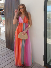 JazzHer Fashion Colorful Striped Halter Maxi Dress Women Sexy V-neck Backless Lace Up Female Party Dresses 2024 Summer Lady Beach Robes