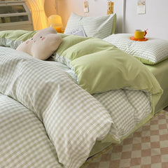 JazzHer Green Grid Duvet Cover Set Ins Soft Bed Sheet Pillowcases No Filler Twin Queen Size 2024 New Spring Adult Kids Bedding Linens
