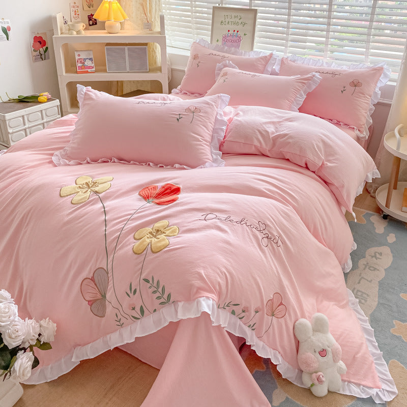 JazzHer Ins Korean Style Bedding Set with Ruffles Princess Duvet Cover No Filling Flat Sheet Pillowcases Kit Girls Blue Pink Solid Color