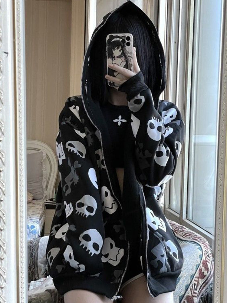 JazzHer Cyberpunk Y2k Sweatshirt Women Mall Goth Harajuku Skull Printed Long Sleeve Zipper Cardigan Hoodie Emo Alt Indie Clothes