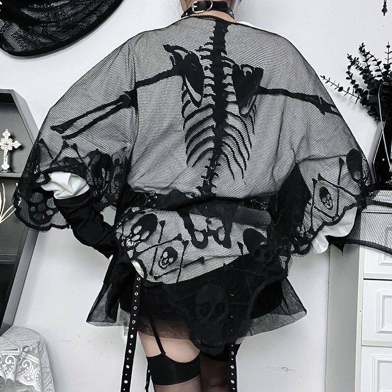 JazzHer Skulls Streetwear Punk Loose Mesh Tops Gothic Girl Emo T shirts Casual Hip Hop Dark Grunge Vintage Clothes 90S Aesthetic Y2k Tee