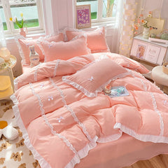 JazzHer Kawaii Korean Bedding Sets No Filling Ins Princess Style Lace Bow Duvet Cover Fitted Sheet Girl Woman Home Bedroom Bed Linens