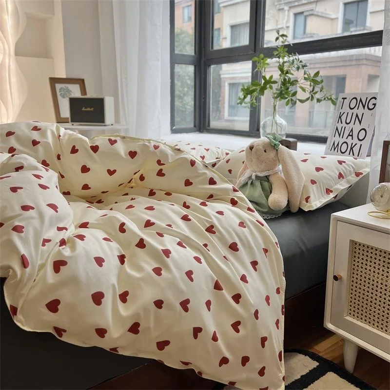 JazzHer Korean Red Heart Bedding Set No Filler Twin Queen Duvet Cover Flat Sheet Pillowcase Girls Adults Fashion Floral Home Textile