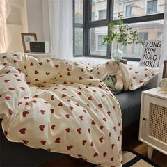 JazzHer Korean Red Heart Bedding Set No Filler Twin Queen Duvet Cover Flat Sheet Pillowcase Girls Adults Fashion Floral Home Textile