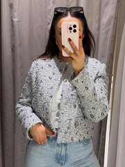 JazzHer Fashion Silver Sequins Autumn Winter Jacket Woman Elegant O-Neck Long Sleeves Cropped Coats Female Casual Open Front Outerwear