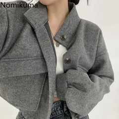 JazzHer Streetwear Jackets Women's Clothing Stand Neck Casual Woolen Outwear Thicked Crop Tops Fashion Korean Y2k Coat 2025 Ropa Mujer