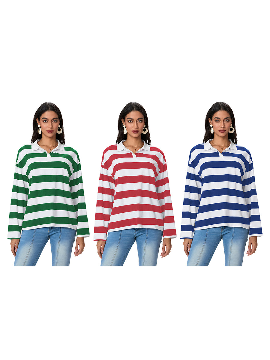 thanksgiving outfit JazzHer New Fashion Women's Fall Stripe Print Pullover Lapel Long Sleeve Loose Sweatshirt Casual Tops