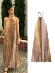 JazzHer Sexy Tie Dyed Print Pleated Long Dress Women Loose Halter Backless Sleeveless Holiday Dresses 2024 Summer Lady Beach Party Robes