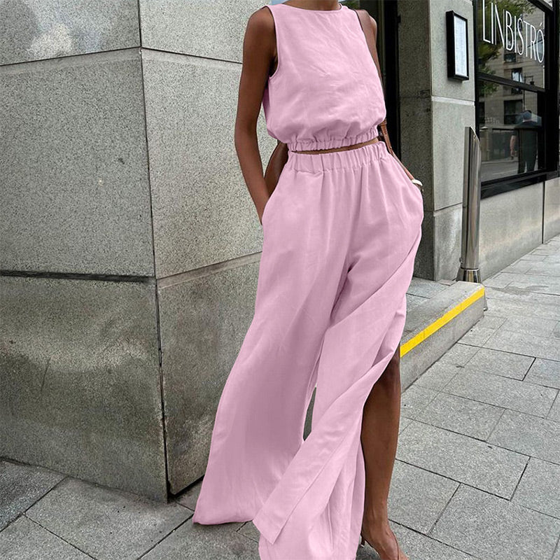 JazzHer Solid Cotton Linen Two Piece Set Women's Chic O Neck Sleeveless Lady Vest Top Suits Split Pants Casual High Street Pocket Outfit