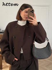 JazzHer Elegant Women's Short Woolen Coats Loose O-neck Double Breasted Long Sleeve Cropped Jacket 2024 Autumn Lady Chic Commute Outwear