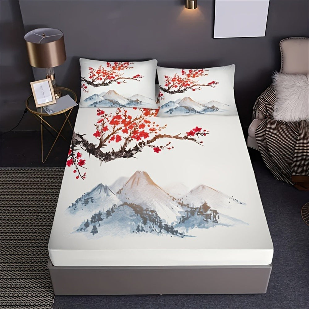 JazzHer Chinese Style Fitted Sheet Set Ink Painting Plum Mountains Print Mattress Covers Soft Breathable Bedding Set With Deep Pocket