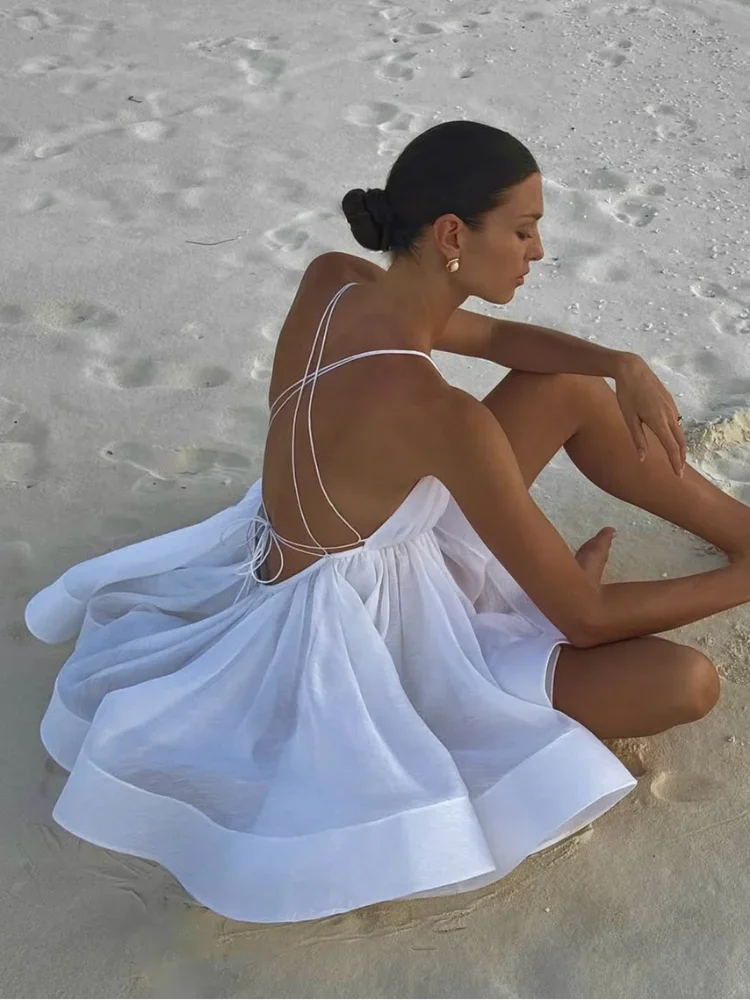 JazzHer Women Fashion Yellow Pleated A-line hem Mini Dresses Sexy Sleeveless Backless Lace-up Dress 2025 Chic Ladies Holiday Beachwear