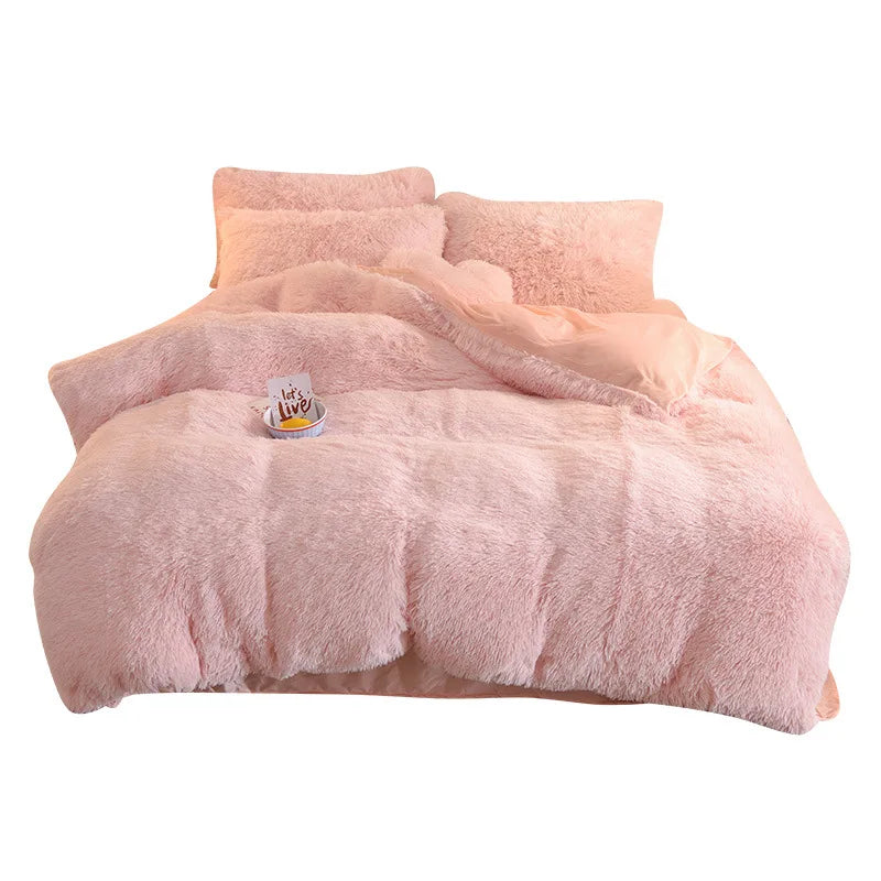 JazzHer Luxury Winter Warm Long Plush Pink Bedding Set Queen Mink Velvet Double Duvet Cover Set with Fitted Sheet Warmth Quilt Covers