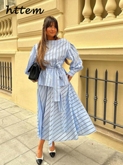 JazzHer Elegant Stripe Print Skirt Set Women Fashion Belt Lantern Sleeve Shirt Pleated Long Skirts 2024 Spring Summer Casual Lady Outfit