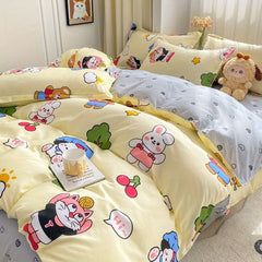 JazzHer Ins Cartoon Rabbit Duvet Cover Set Soft Blue Flat Sheet Quilt Cover Pillowcase Bed Linen Twin Queen Full Size Floral Bedding Set