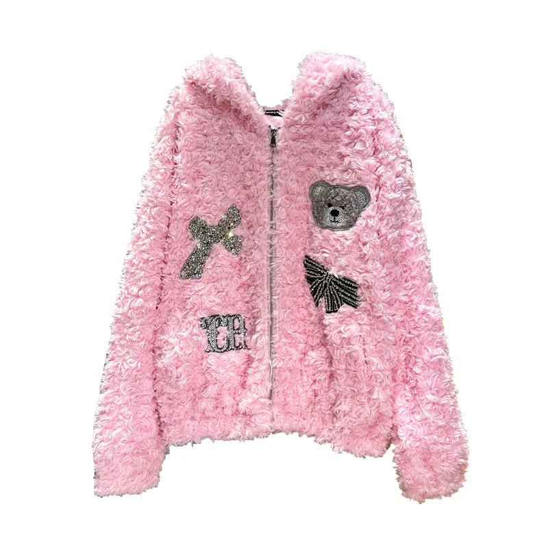 cold weather outfits JazzHer Trendy Brand Cute Pink Rhinestone Bear Jacket With Hoodie Autumn/Winter High Definition Genuine Leather Coat Handmade Embroidery