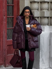 JazzHer Winter Chic Burgundy Women's Padded Cotton Jackets Fashion Stand Collar Zipper Pockets Warm Coats 2024 Female Thicken Streetwear
