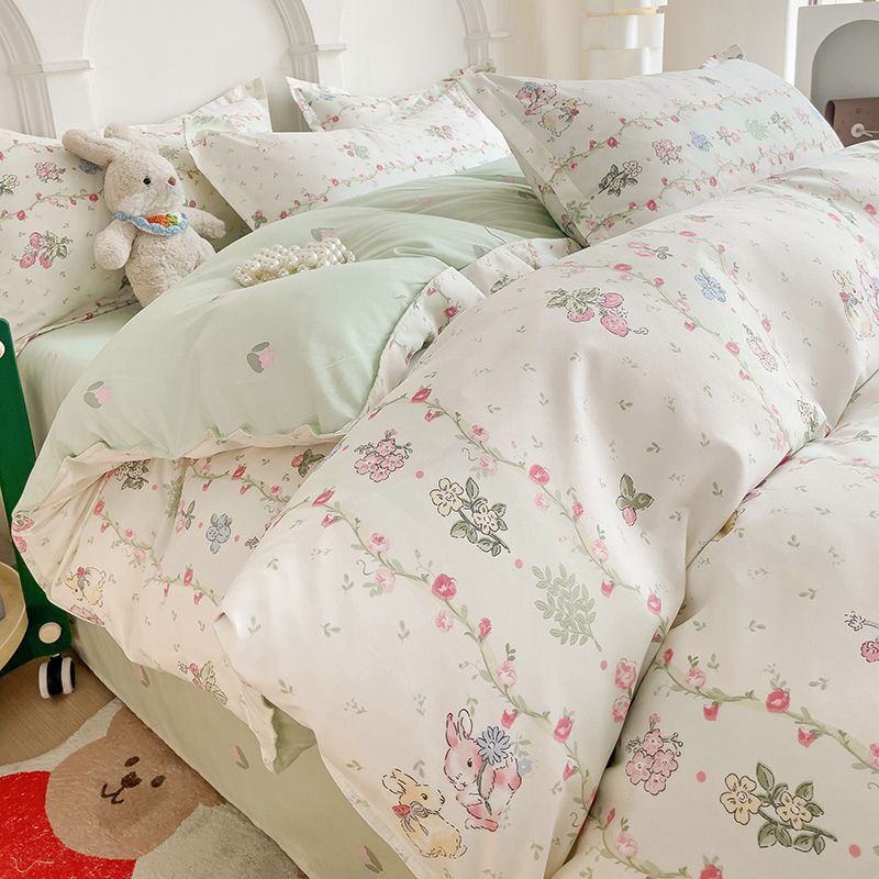 JazzHer Green Floral Bedding Set No Filler Ins Twin Queen Duvet Cover Flat Sheet Pillowcase Girls Adults Fashion Comforter Cover