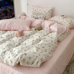 JazzHer Pink Floral Bedding Set Soft Ins Single Double Queen Size Duvet Cover Flat Sheet Pillowcase Girls Home Totel Bed Linens