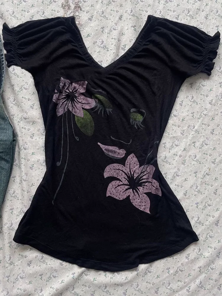 JazzHer Vintage Punk Sexy T Shirt Women Clothes 90S Summer Flower Off Shoulder Gothic Casual Slim Tees Girl Crop Femme T shirts Y2k Tops