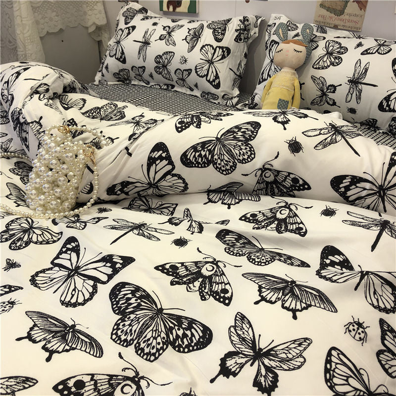 JazzHer Ins Style Fashion Butterfly Bedding Set For Girls Boys Double Size Flat Sheet Duvet Cover Pillowcase Bed Linen Home Textile