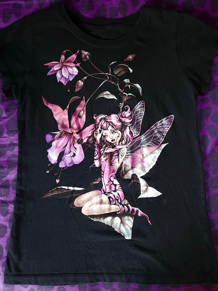 JazzHer Flower design Goth Graphic Vintage Crop Tops Y2k style Harajuku Punk Tee 2000s Short Sleeve Streetwear Summer Tee Girls Clothes