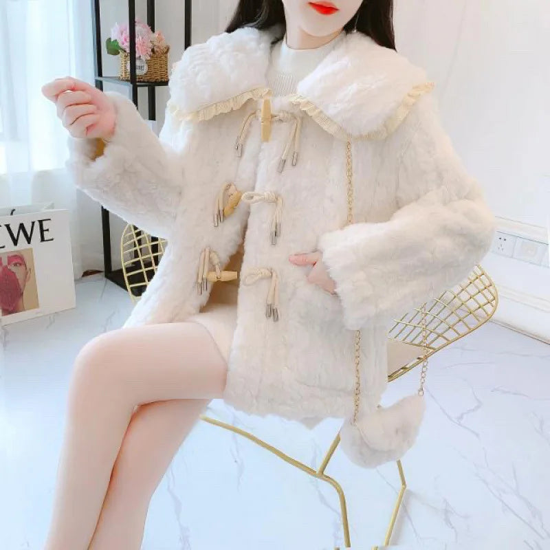 cold weather outfits JazzHer Thickened Lamb Wool Fleece Short Jacket For Women 2024 Winter New Petite Leather Integrated Fleece Overcoat Doll Neck Style