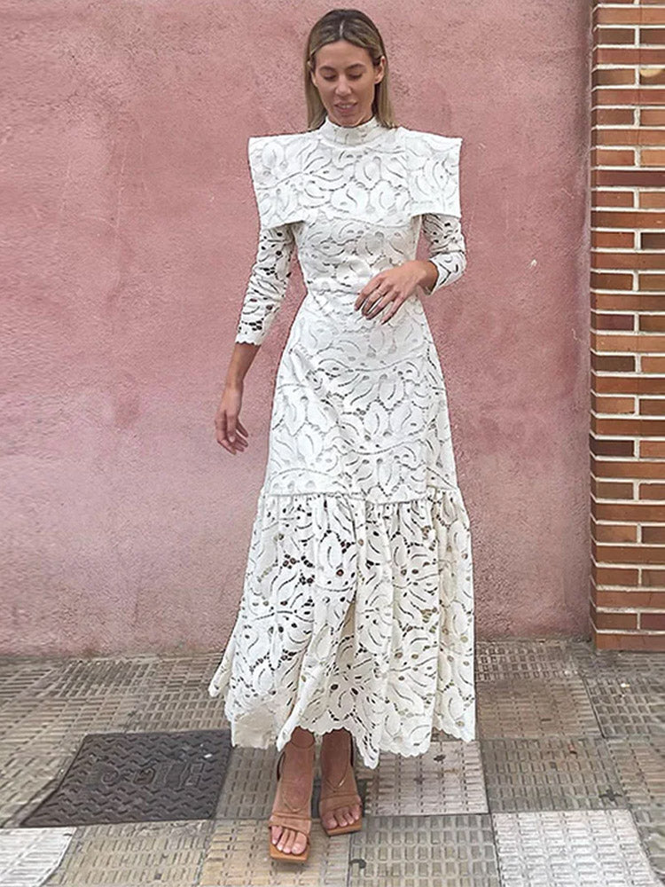 JazzHer Elegant Hollowed Lace Maxi White Dress Women Fashion Mock Neck Long Sleeved Shoulder Padded Robes 2025 Evening Women's Clothing