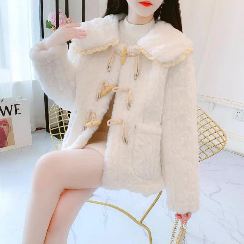 cold weather outfits JazzHer Thickened Lamb Wool Fleece Short Jacket For Women 2024 Winter New Petite Leather Integrated Fleece Overcoat Doll Neck Style