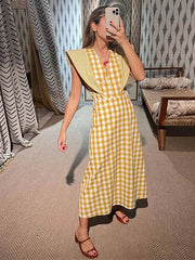 JazzHer Fashion Plaid Print Flying Sleeve Long Dress Women V-neck Sleeveless High Waist Female Dresses 2024 Summer Lady Holiday Robe New