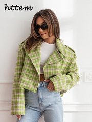 JazzHer Vintage Plaid Short Coats Women Loose Lapel Single Breasted Long Sleeve Female Jackets 2024 Autumn Lady Fashion Commute Outwear