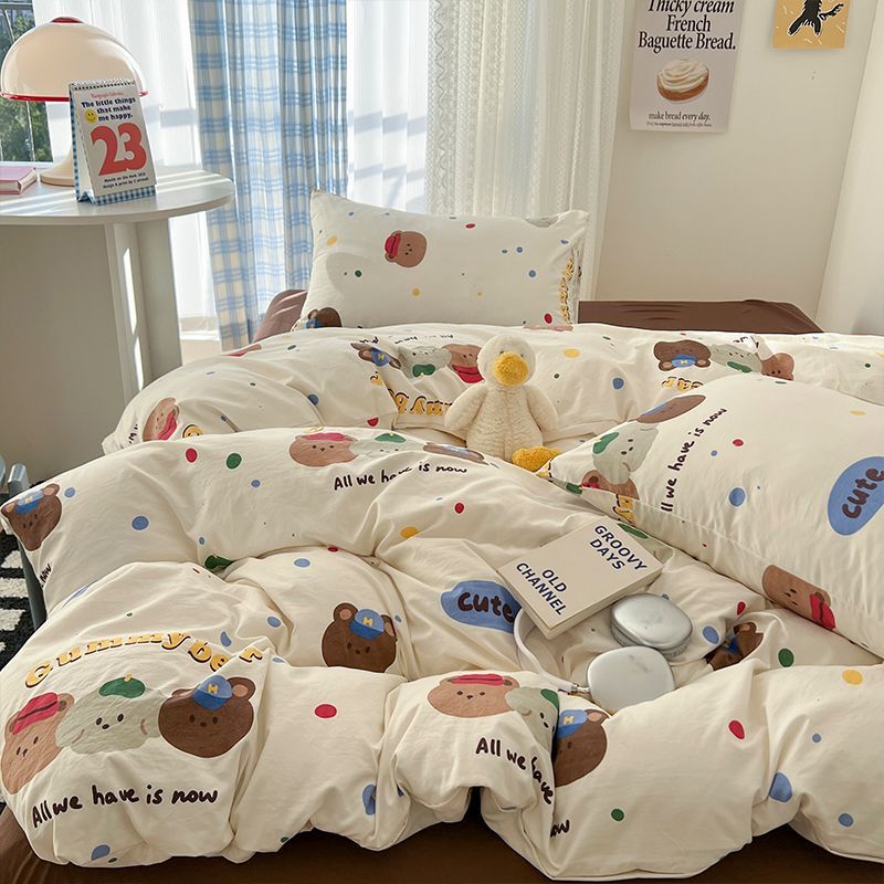 JazzHer Ins Korean Cartoon Little Bear Cute Bedding Set Autumn Winter Polyester Bed Sheet Pillowcase Twin Full Queen Size Quilt Cover