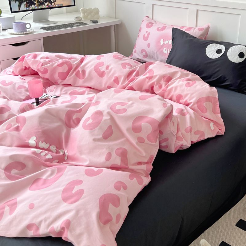 JazzHer Princess Style Bedding Set Girls Twin Queen Full Size Duvet Cover Set Bed Flat Sheet Pillowcase Kids Adult Pink Letter Bed Linen