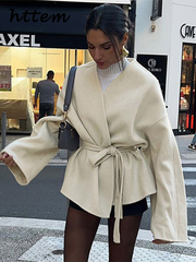 JazzHer Elegant Woolen Coat With Belt Women Loose Lace Up V Neck Long Sleeve Female Jackets 2024 Autumn Lady Fashion Commute Overcoat