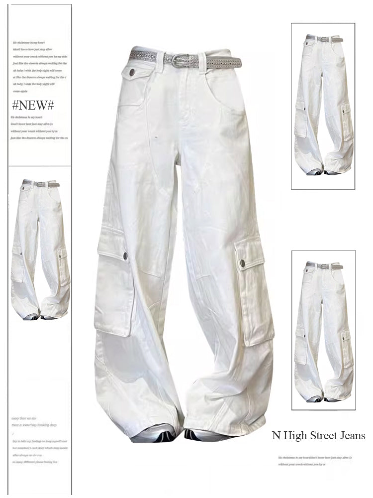 christmas outfit JazzHer Women's White Cargo Jeans Baggy Vintage Y2k Denim Trouser 90s Aesthetic 2000s Harajuku Oversize Wide Cowboy Pants Trashy Clothes